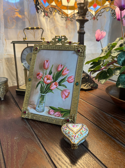 Pink tulips in antique jewel frame