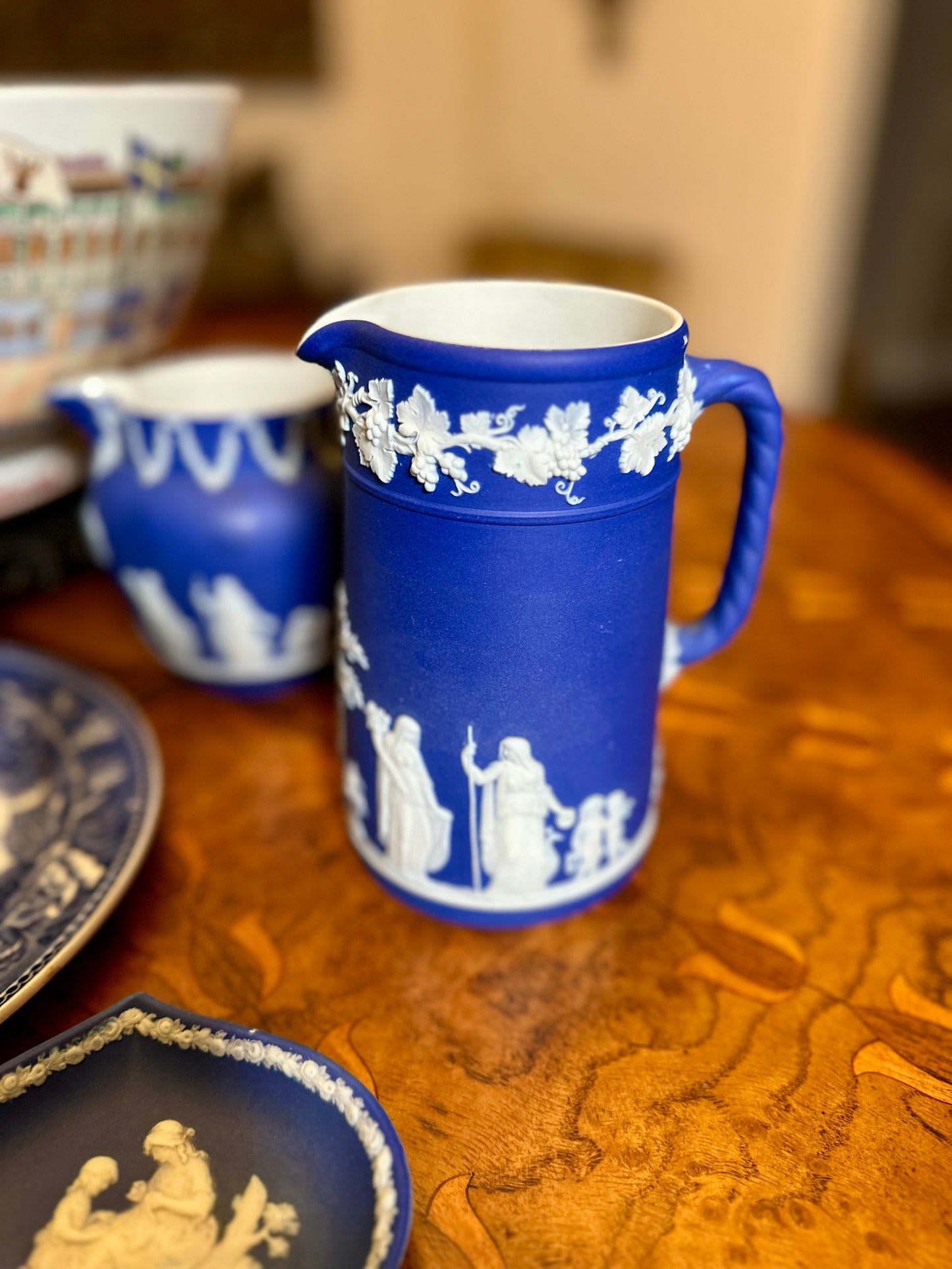 19th Century Antique Wedgwood Cobalt Blue Jasper Dip Pitcher – Classical Figures & Cherubs, c. 1868
