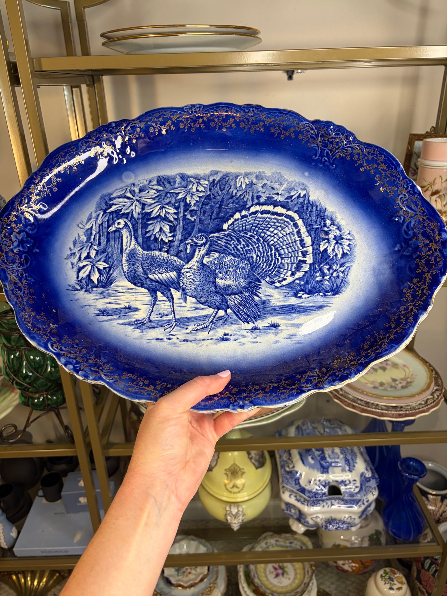Antique flow blue turkey platter with gold details!