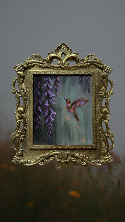 Hummingbird Original oil painting in brass vintage frame 14x11”