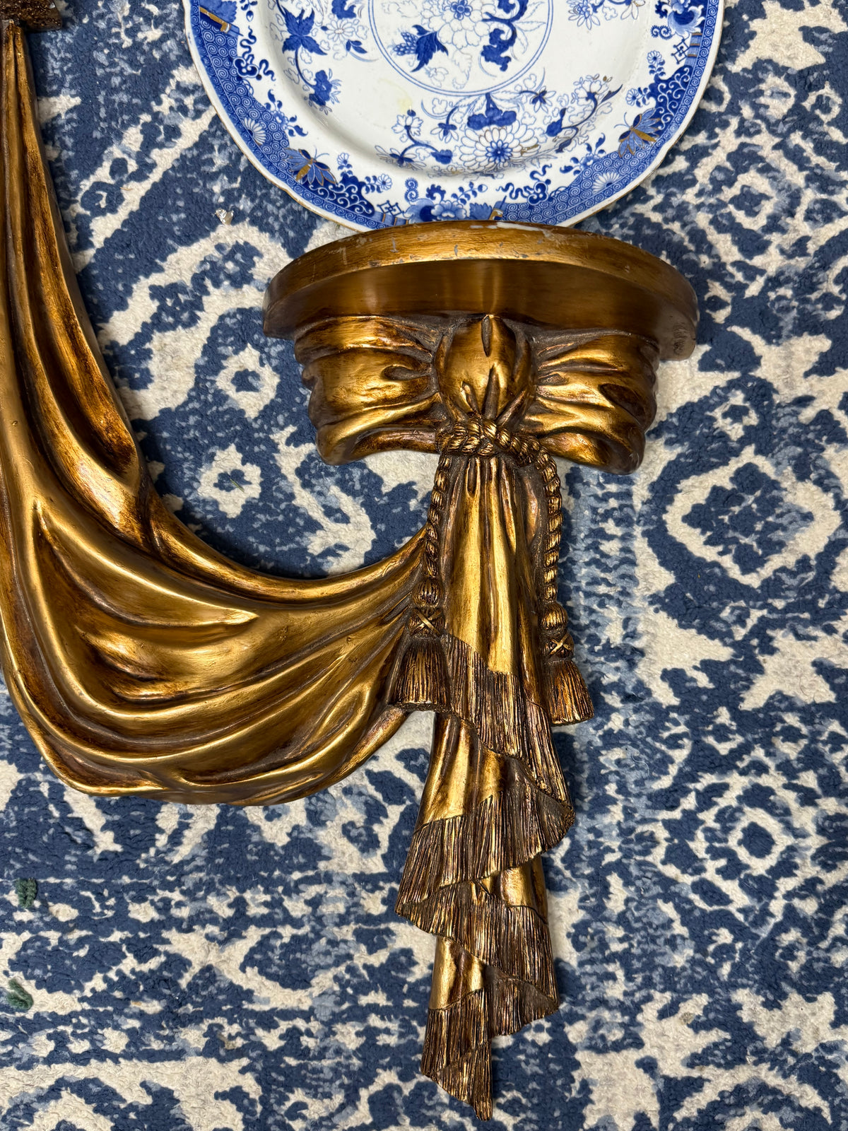 Pair of Vintage Style Gilt Resin Drapery Wall Brackets / Display Shelves | Tassel & Swag Design | 28” H × 18” W