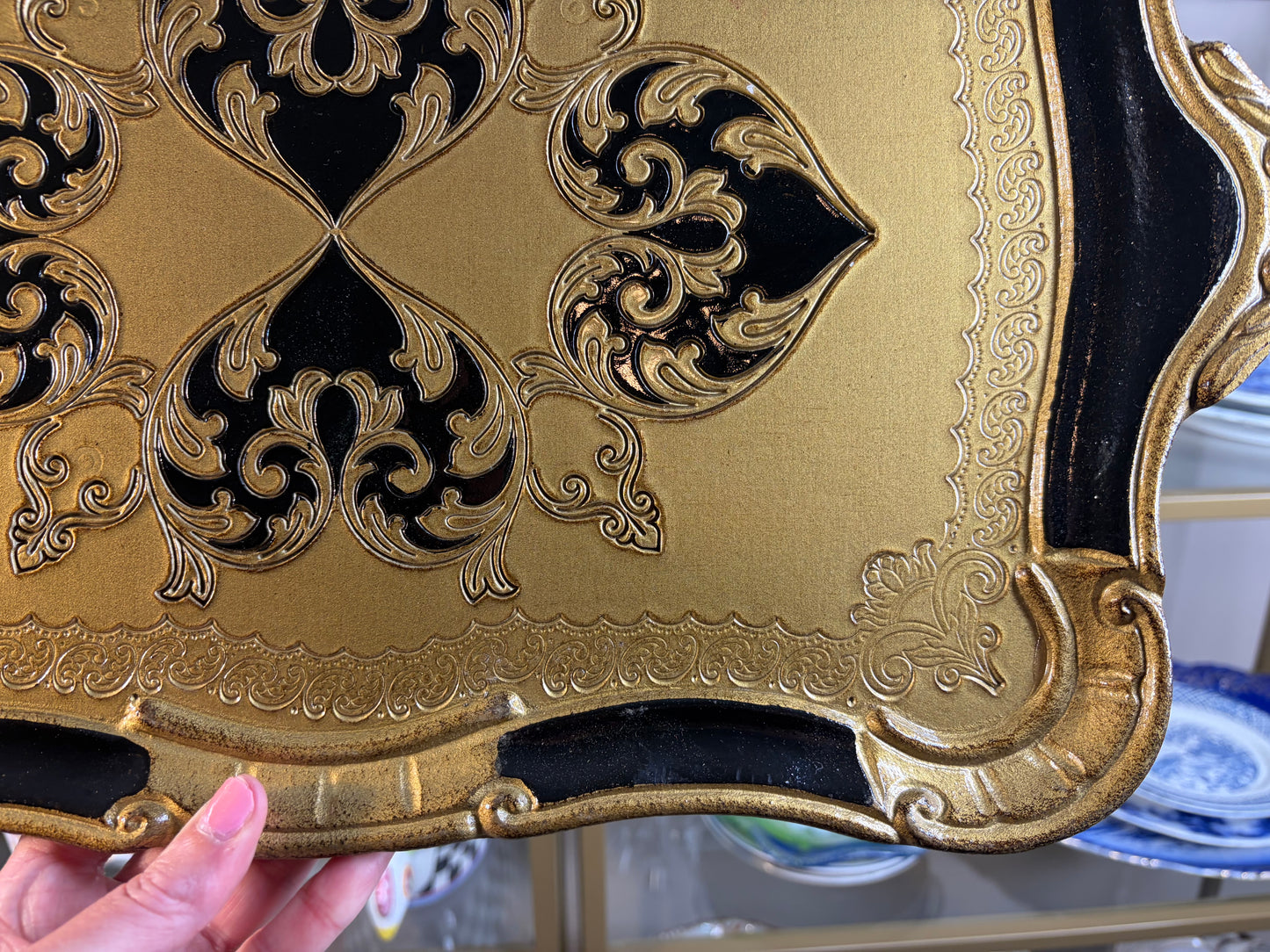 Gorgeous large Florentine gold and black tray with handles!