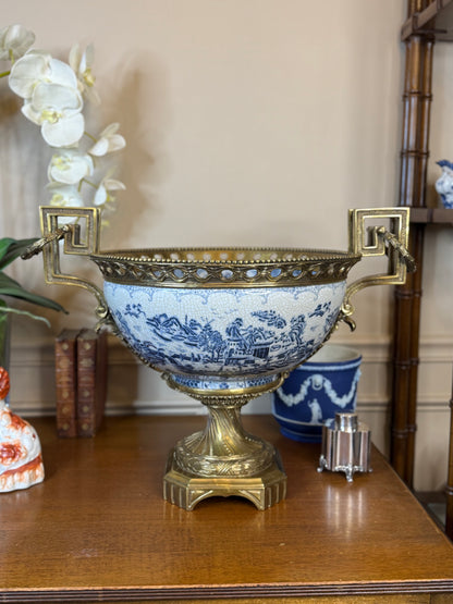 Danny's Fine Porcelain - X-Large Blue & White Basin W/ Bronze Ormolu, 23Lx16Wx17H