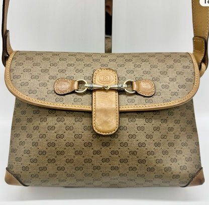 Vintage Gucci Horsebit GG Monogram beige & Brown Leather Trim Crossbody Handbag