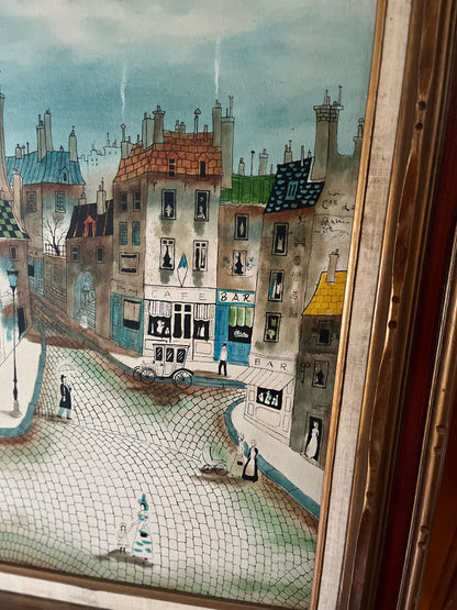 Whimsical Robert Scott Mixed Media French Street Scene Oil & Ink On Canvas - Mid 20th Century