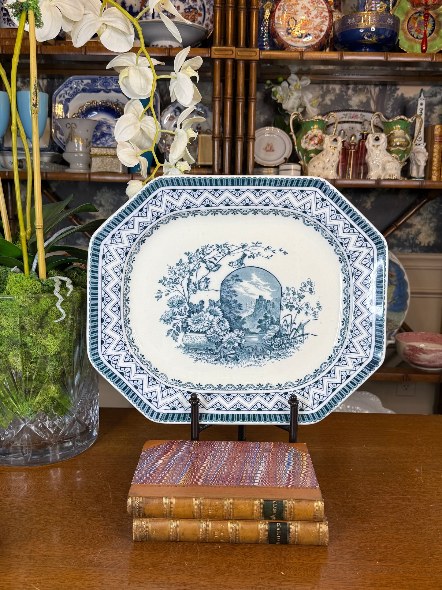 Antique Wedgwood Blue & White Transferware Platter | Scenic Floral Octagonal Serving Platter | c.1860–1880 | 16”