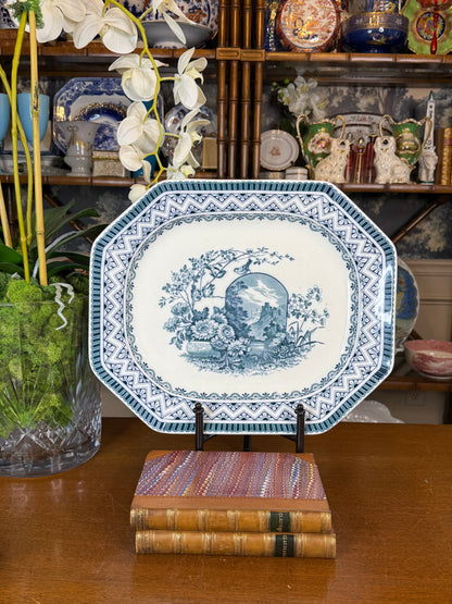 Antique Wedgwood Blue & White Transferware Platter | Scenic Floral Octagonal Serving Platter | c.1860–1880 | 16”