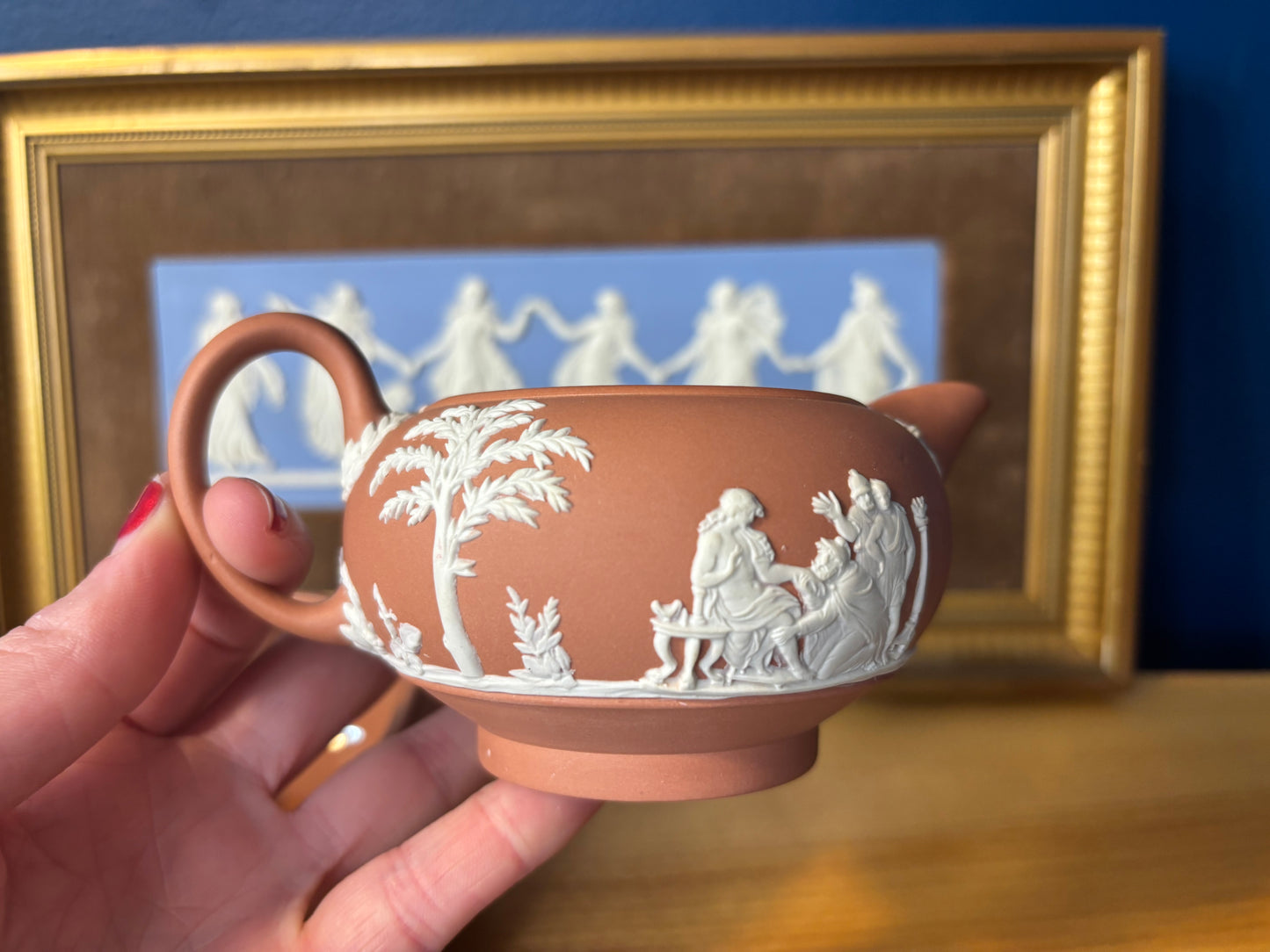 Wedgwood Jasperware terracotta lidded sugar bowl and creamer set!