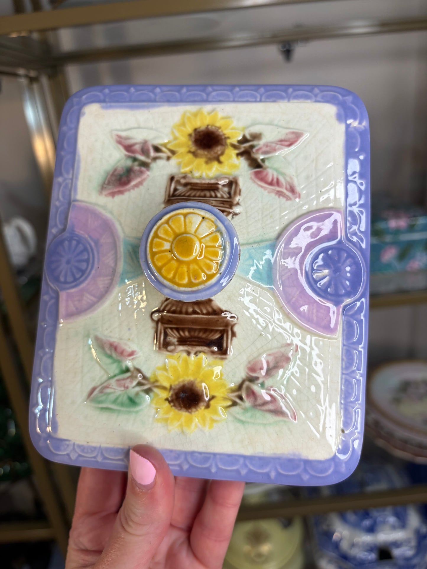 Antique Majolica Samuel Lear sunflower covered dish! As is!