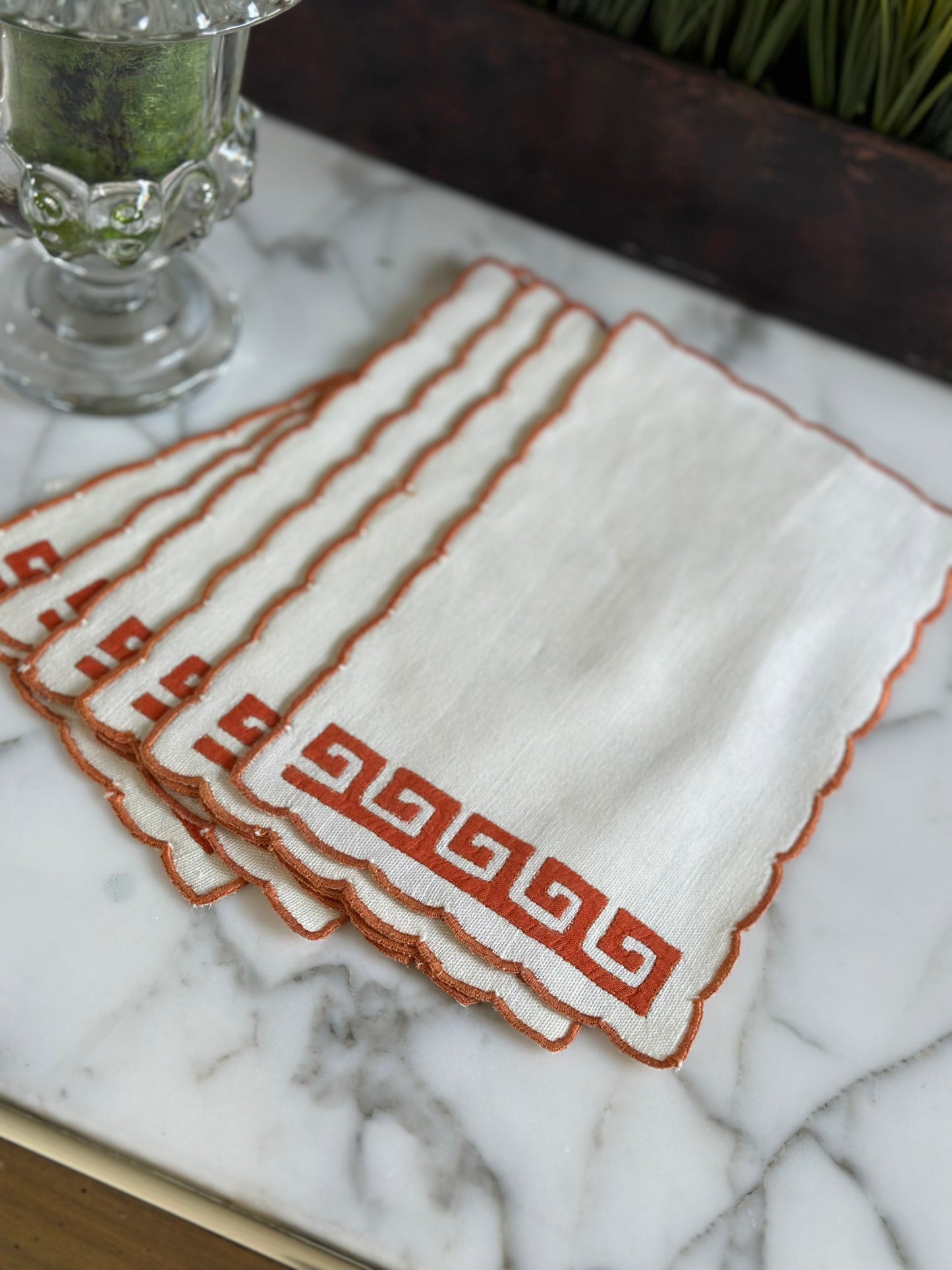 Vintage set of (6) vintage greek-key embroidered, 8x5" Linen napkins