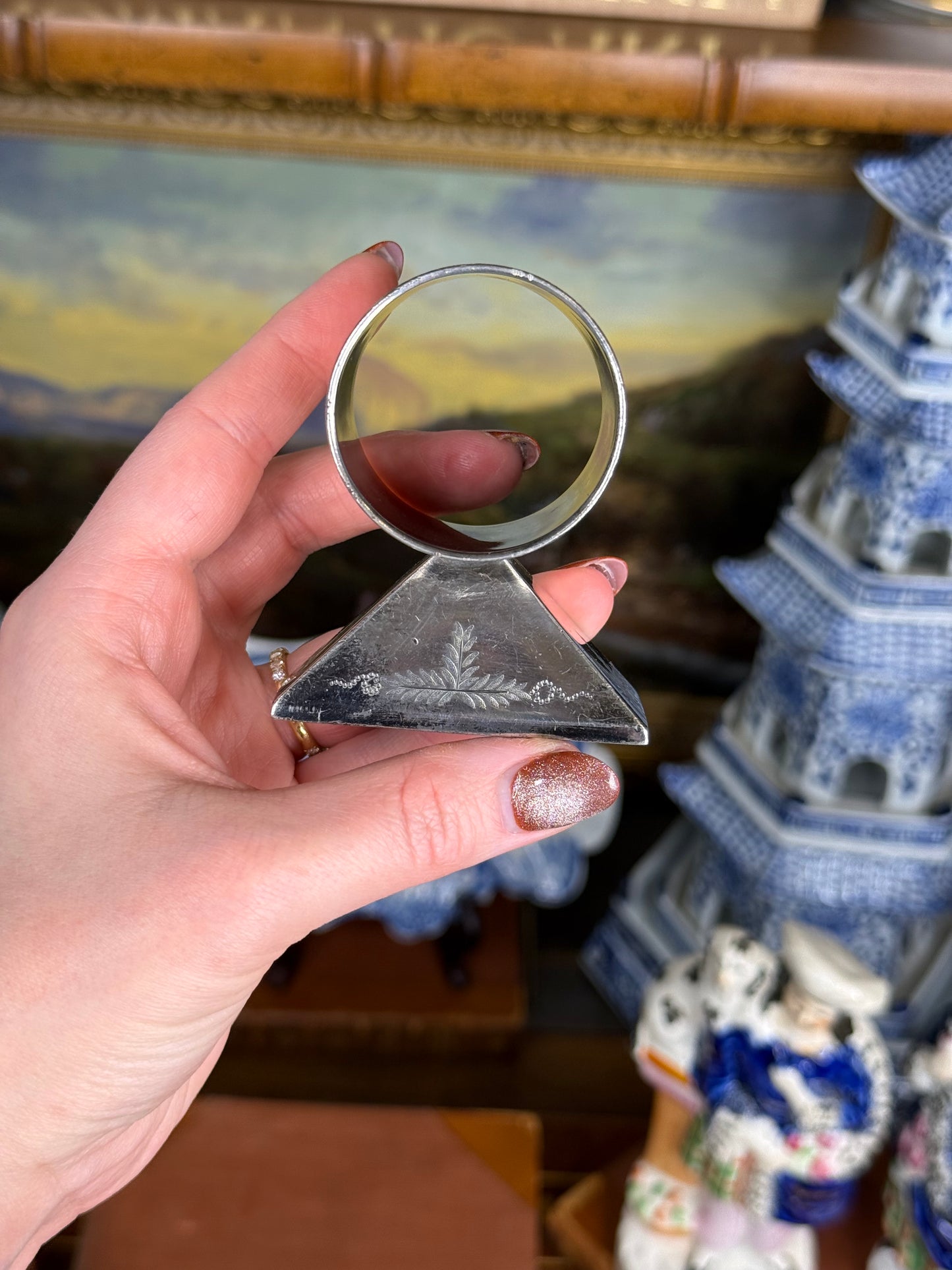 Victorian Meriden Britannia Aesthetic-Style Silverplate Napkin Ring — Engraved, c. 1880