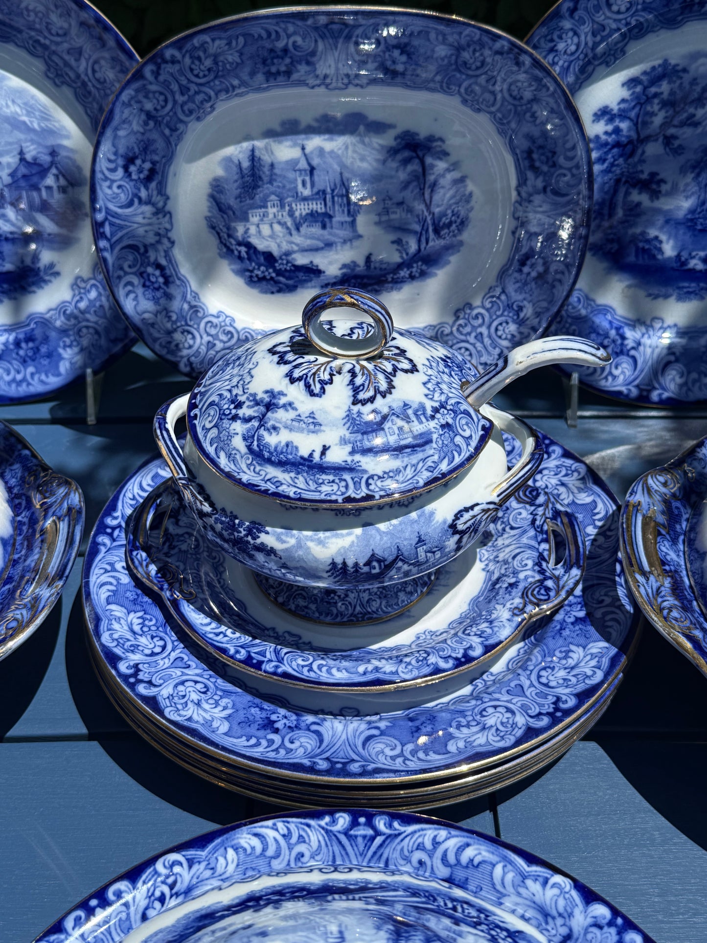 Antique c.1891–1902 Royal Doulton Geneva Blue Transferware Dinner Service | 23-Piece English Set