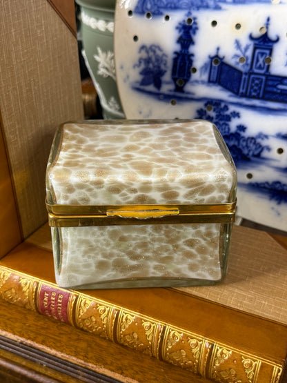 Vintage Murano Art Glass Casket Box | Aventurine & White Mottled Glass | Brass Mounted Trinket Box | 5” x 4” x 3”