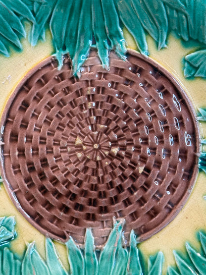 Antique French Majolica Sunflower Basketweave Plate 9.25” c.1880–1900
