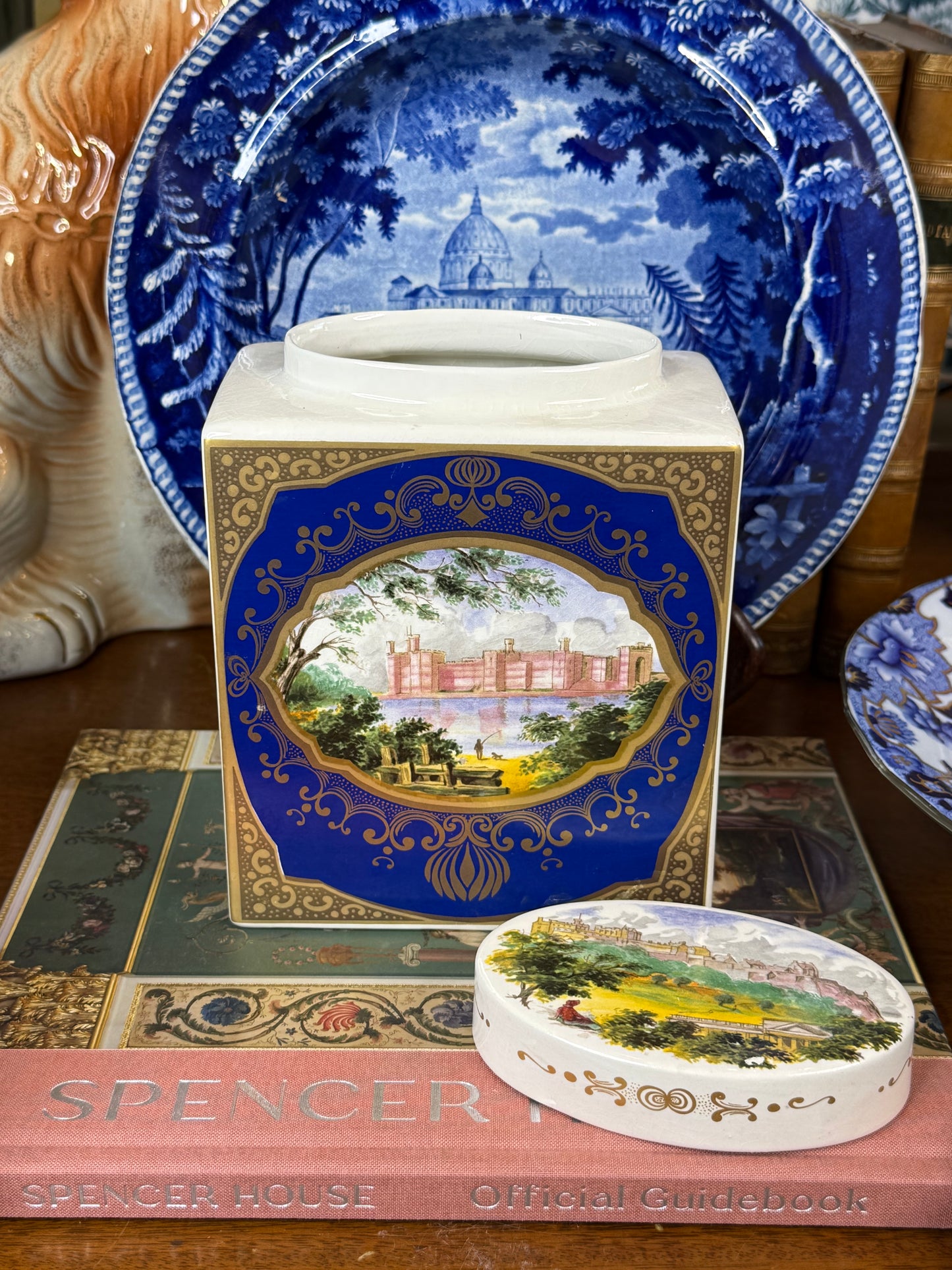 Vintage Royal Cauldon for Twinings Scenic Ironstone Tea Caddy, Cobalt Blue & Gold | 7.5”