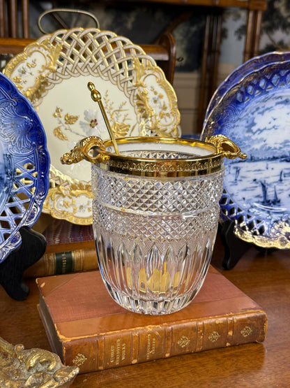 Cut Crystal Ice Bucket with Gilt Metal Mounts & Ladle | Clear & Gold | Vintage | 6” H × 7” W | #DA4598