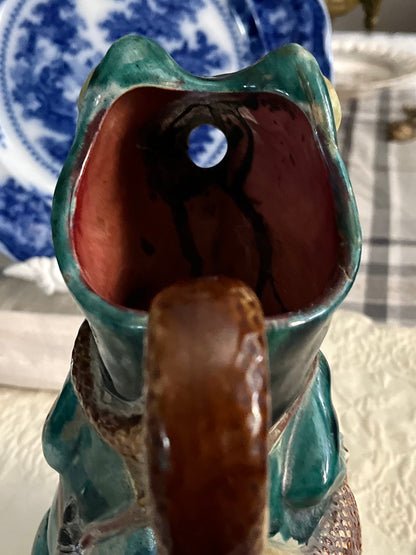 Older HTF Textured English Victorian Majolica Frog & Snake Pitcher, circa 1870 Repairs - Priced accordingly