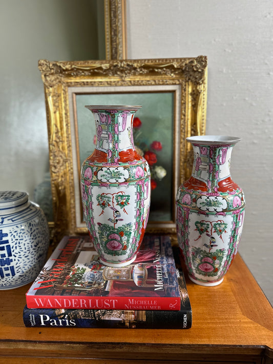 Beautiful Pair of Vintage Chinese Rose Medallion Vases, 14.75” high