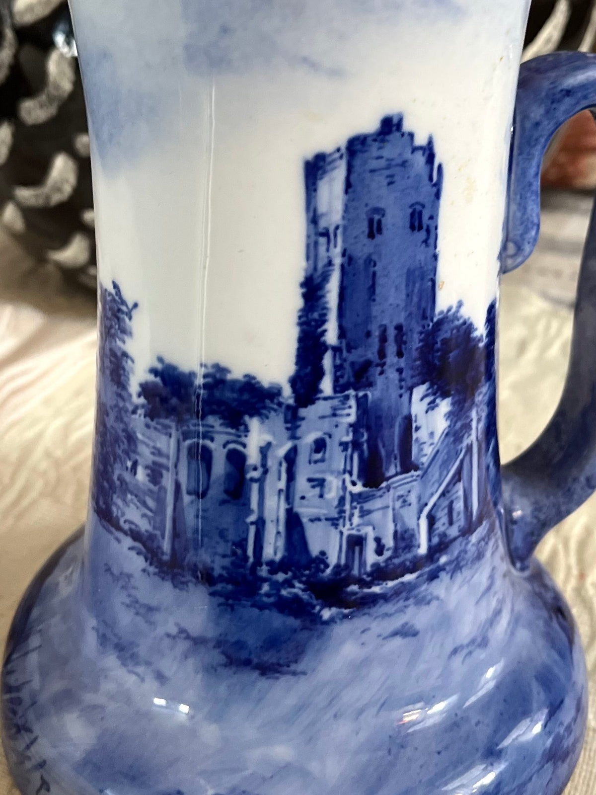 Doulton Burslem Hand-Painted Blue Jug, Portchester Castle, c.1895