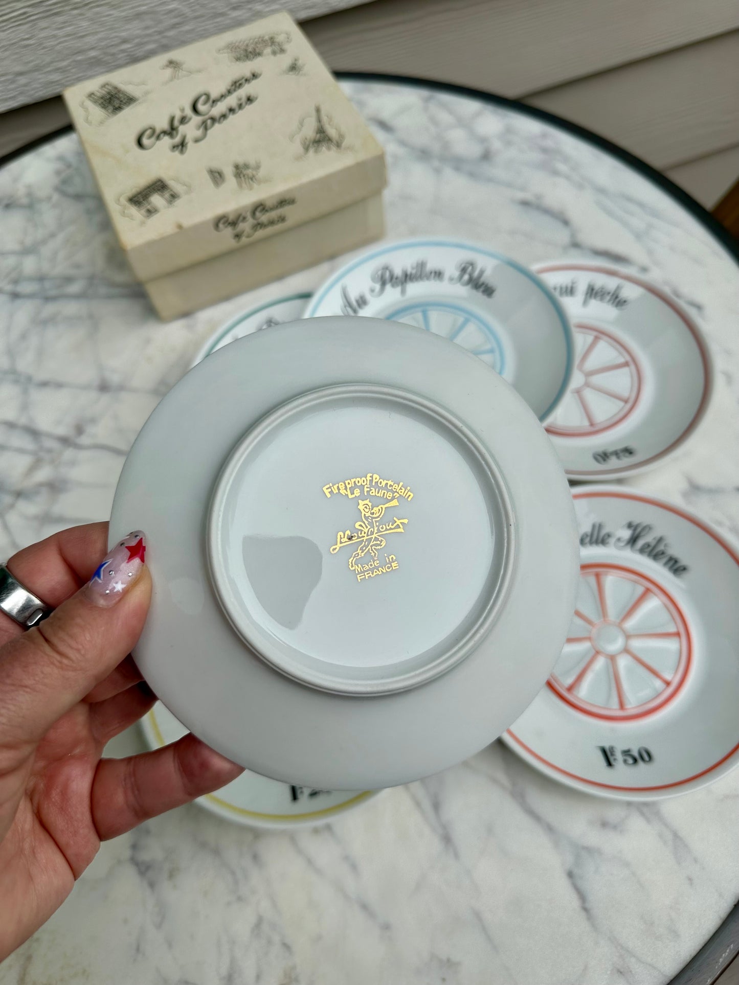 Vintage French Café Price Saucers (Tipping Plates) by Louis Lourioux for Le Faune | Complete Set of 6 with Original Box, circa 1940-1970