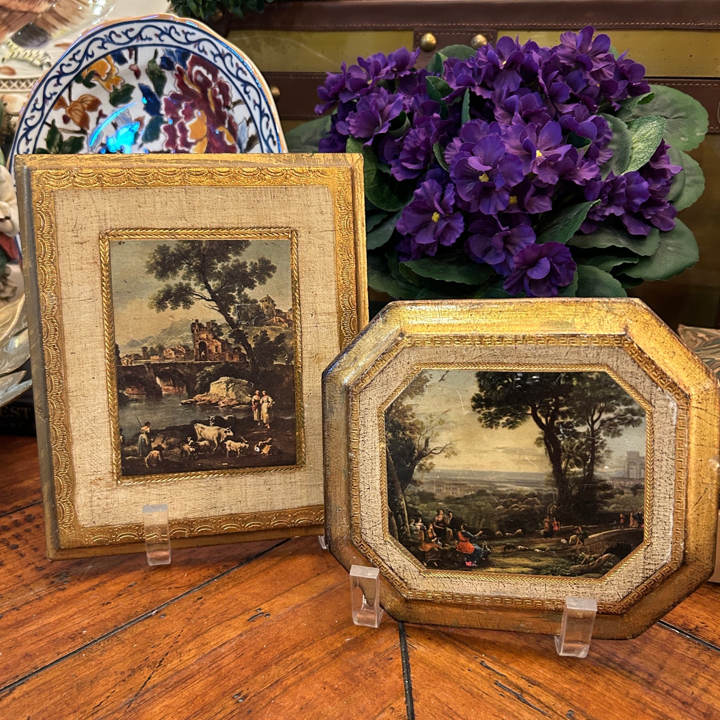 Fabulous Florentine rectangular painting on wood Italian 7.5 x 6