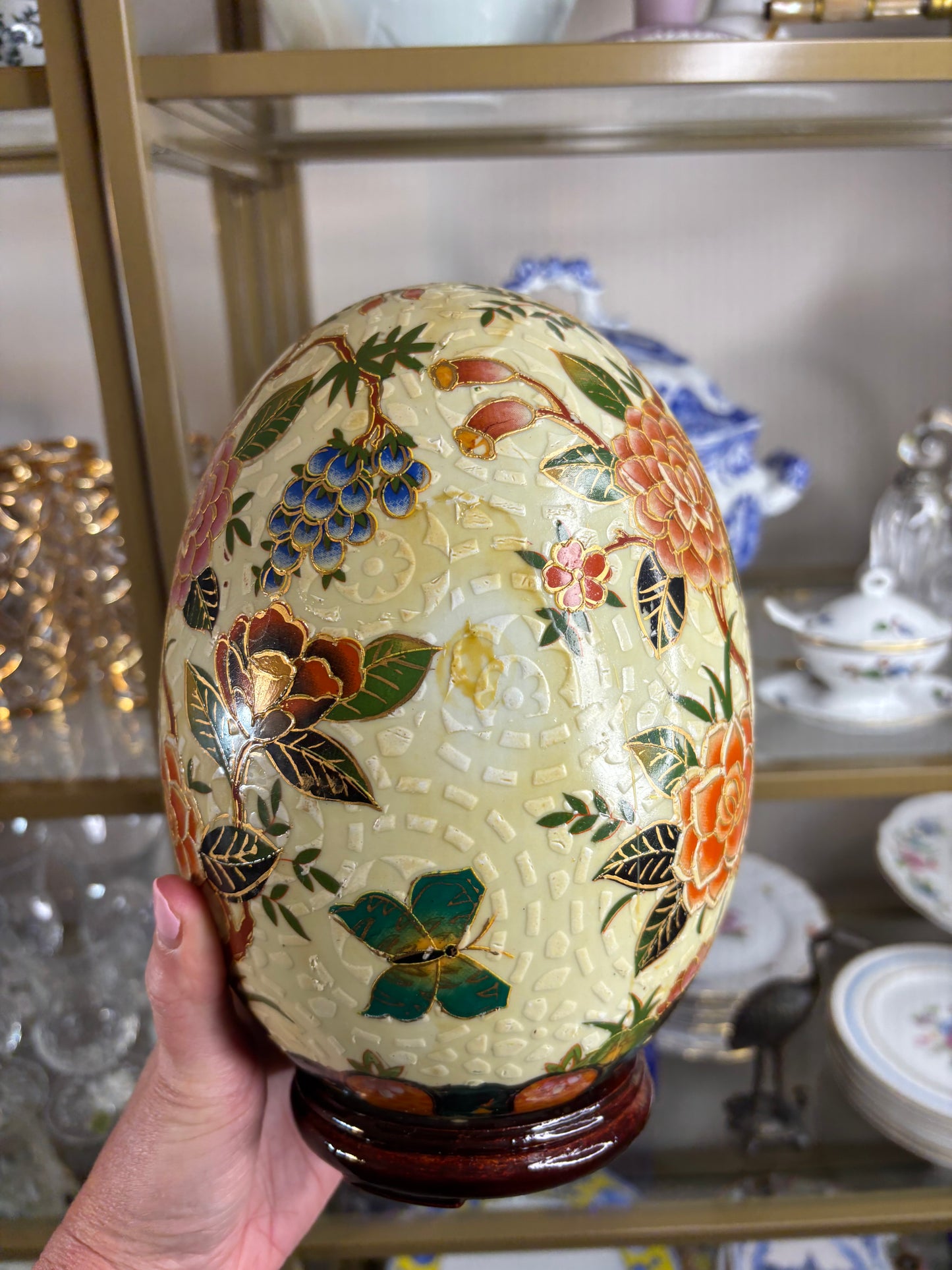 Floral chinoiserie egg decor on wooden stand!