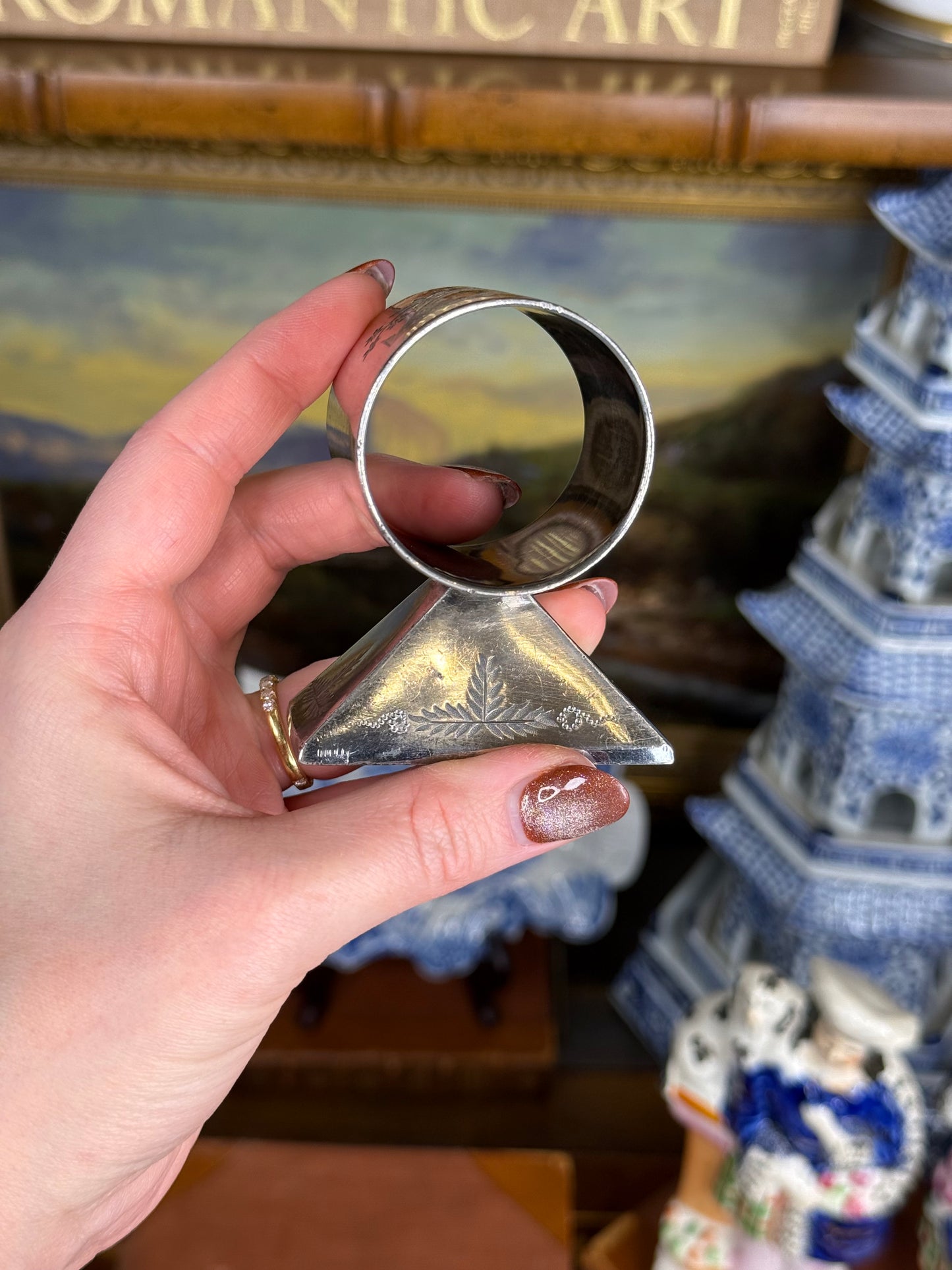 Victorian Meriden Britannia Aesthetic-Style Silverplate Napkin Ring — Engraved, c. 1880