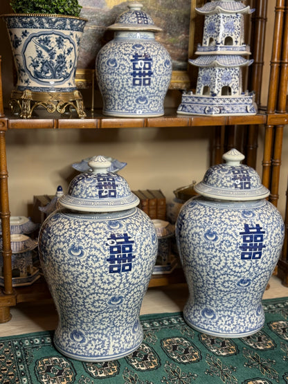 Danny’s Fine Porcelain: Classic Double Happiness Blue & White Lidded Ginger Jar, 19.75” Tall