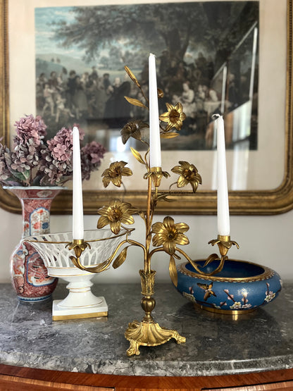 Antique French Tole Three-Light Gilt Floral Candelabra, Church Alter Style