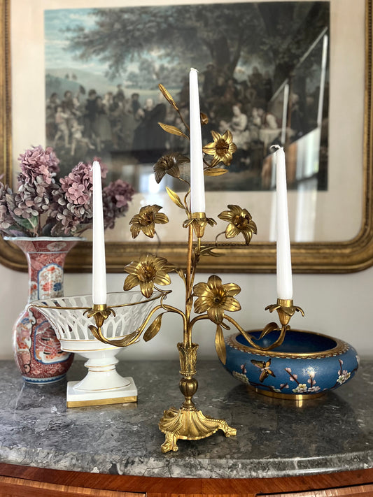 Antique French Tole Three-Light Gilt Floral Candelabra, Church Alter Style