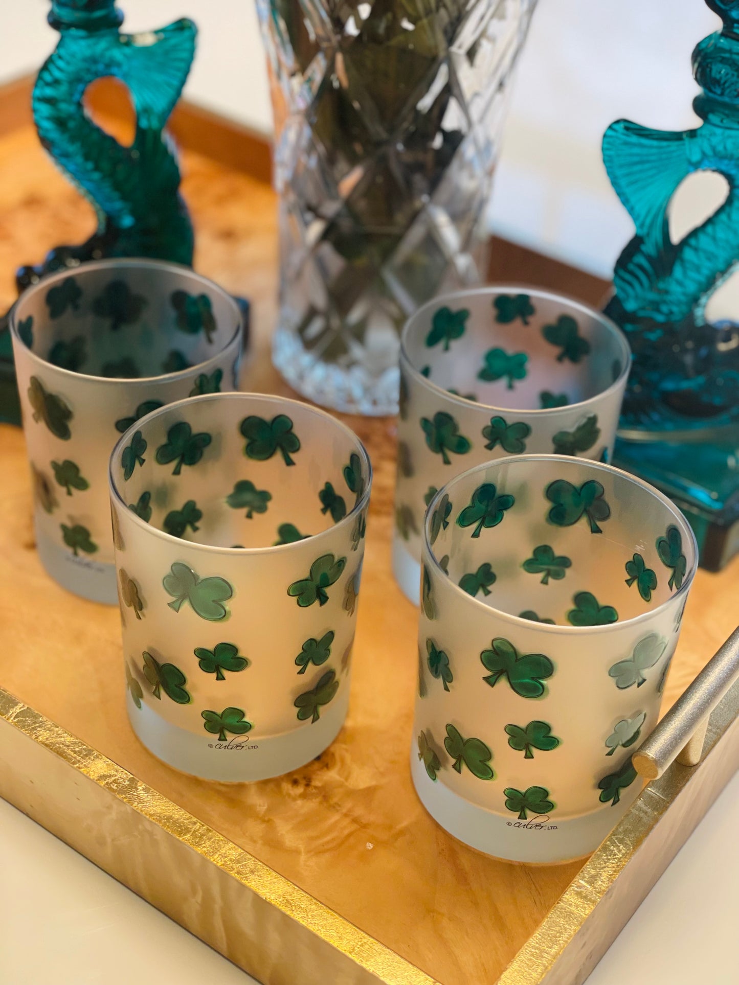 Culver 4 Leaf Clover Frosted Double Old Fashioned Glasses Set of 4 - Pristine!