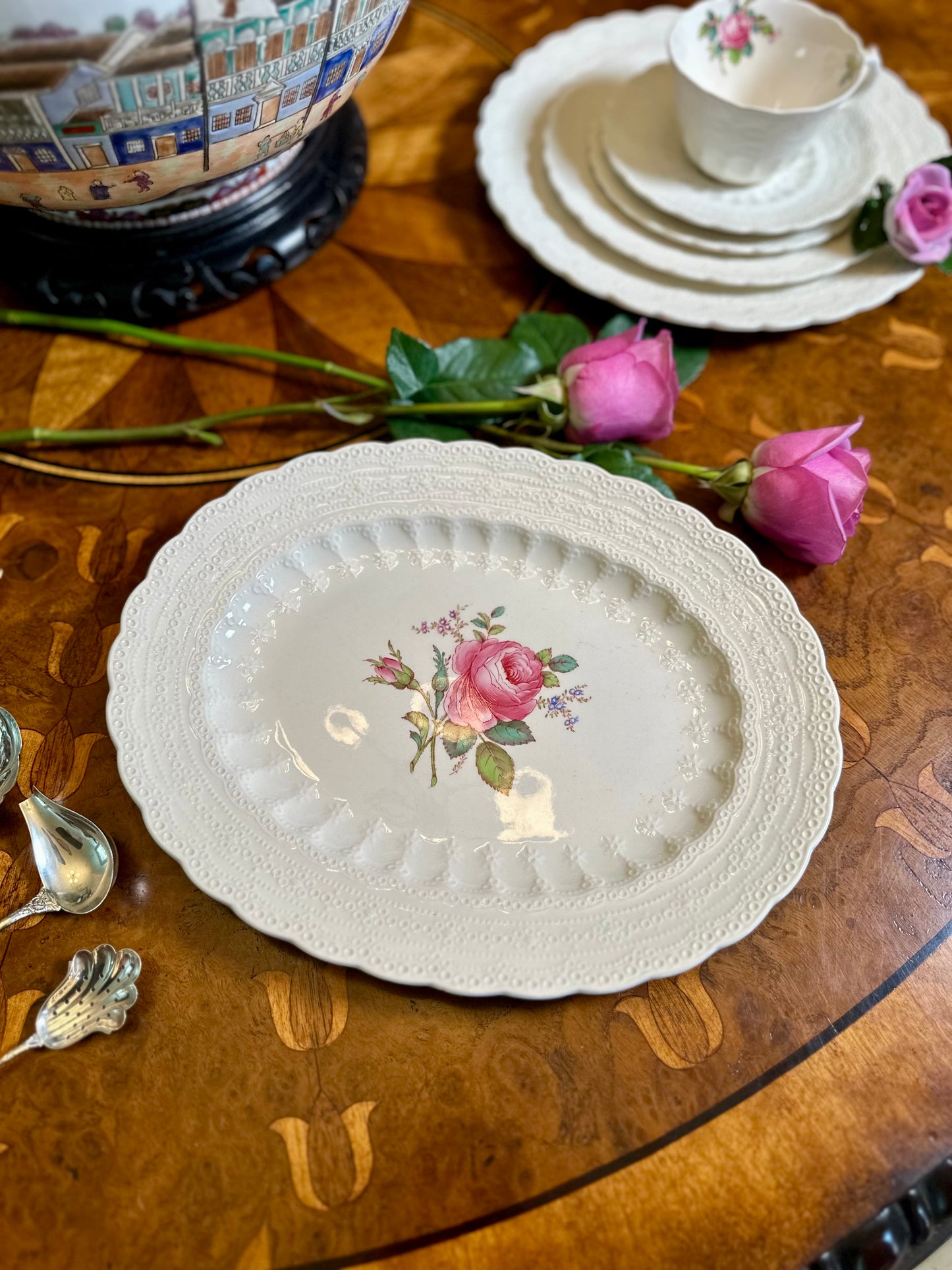 Vintage Copeland Spode “Billingsley Rose” Oval Serving Platter | Jewel Embossed English Floral China