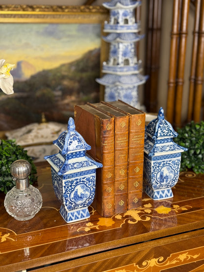 Danny's Fine Porcelain: Petite Blue & White Pagoda Lidded Jar – Courtyard Scene, 8” Tall