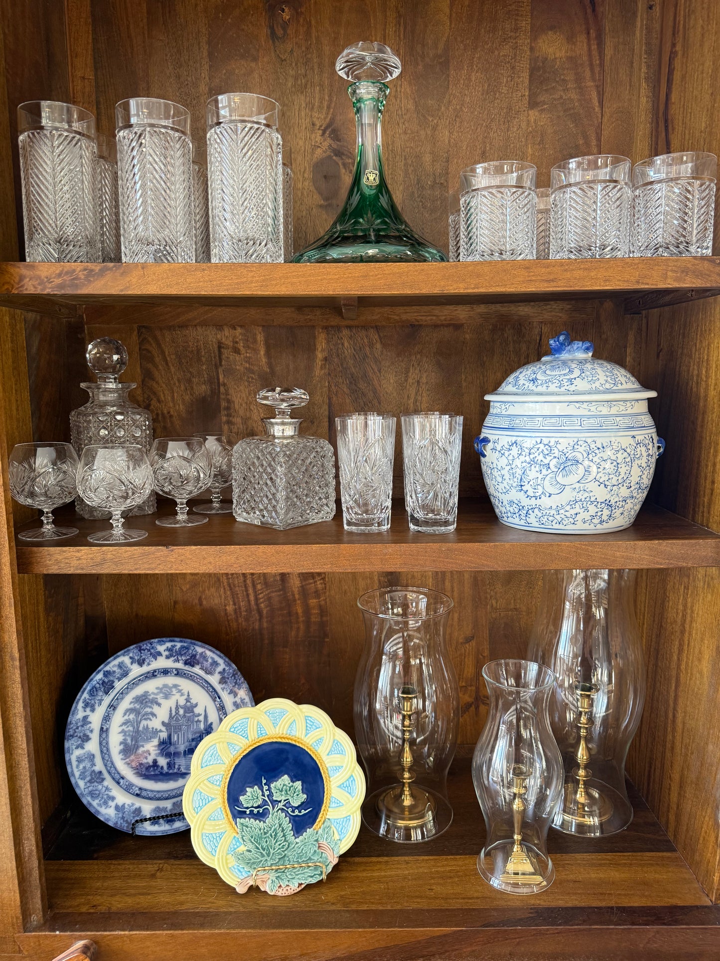 Vintage Set of 3 Glass Hurricanes with Brass Candlestick Holders 9.5-14”