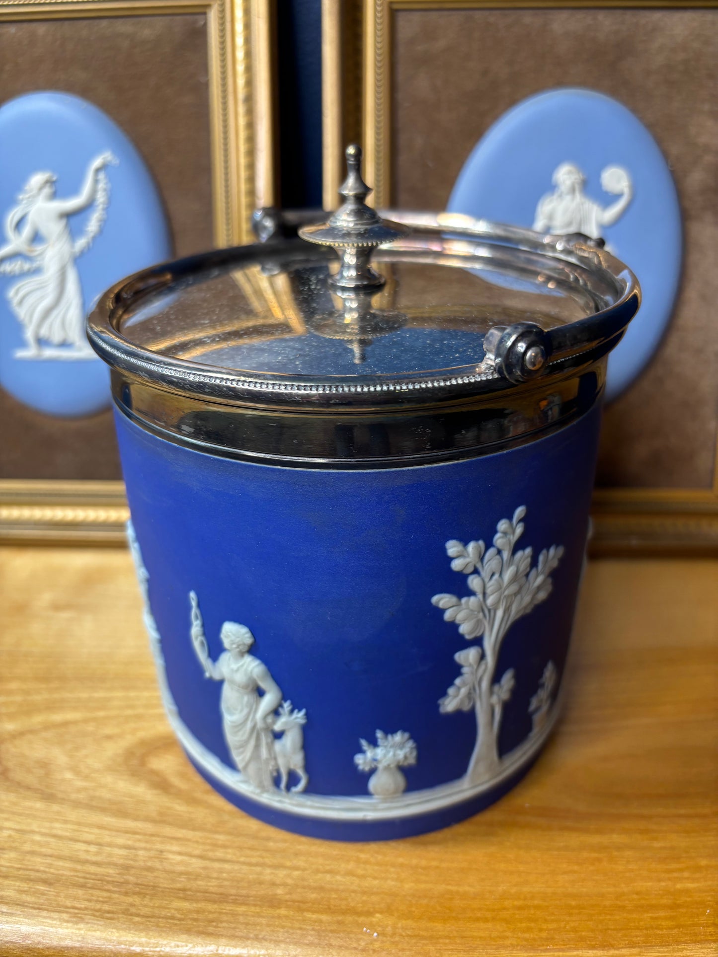 Wedgwood Jasperware cobalt biscuit barrel with silver plating!