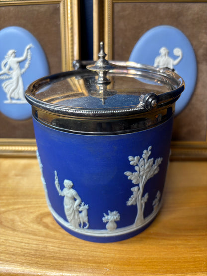 Wedgwood Jasperware cobalt biscuit barrel with silver plating!