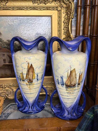 Antique 12.5” Tall Royal Bonn Franz Anton Mehlem Pair of Hand-Painted Maritime Vases | Model 2758 | c.1900 | DA4418