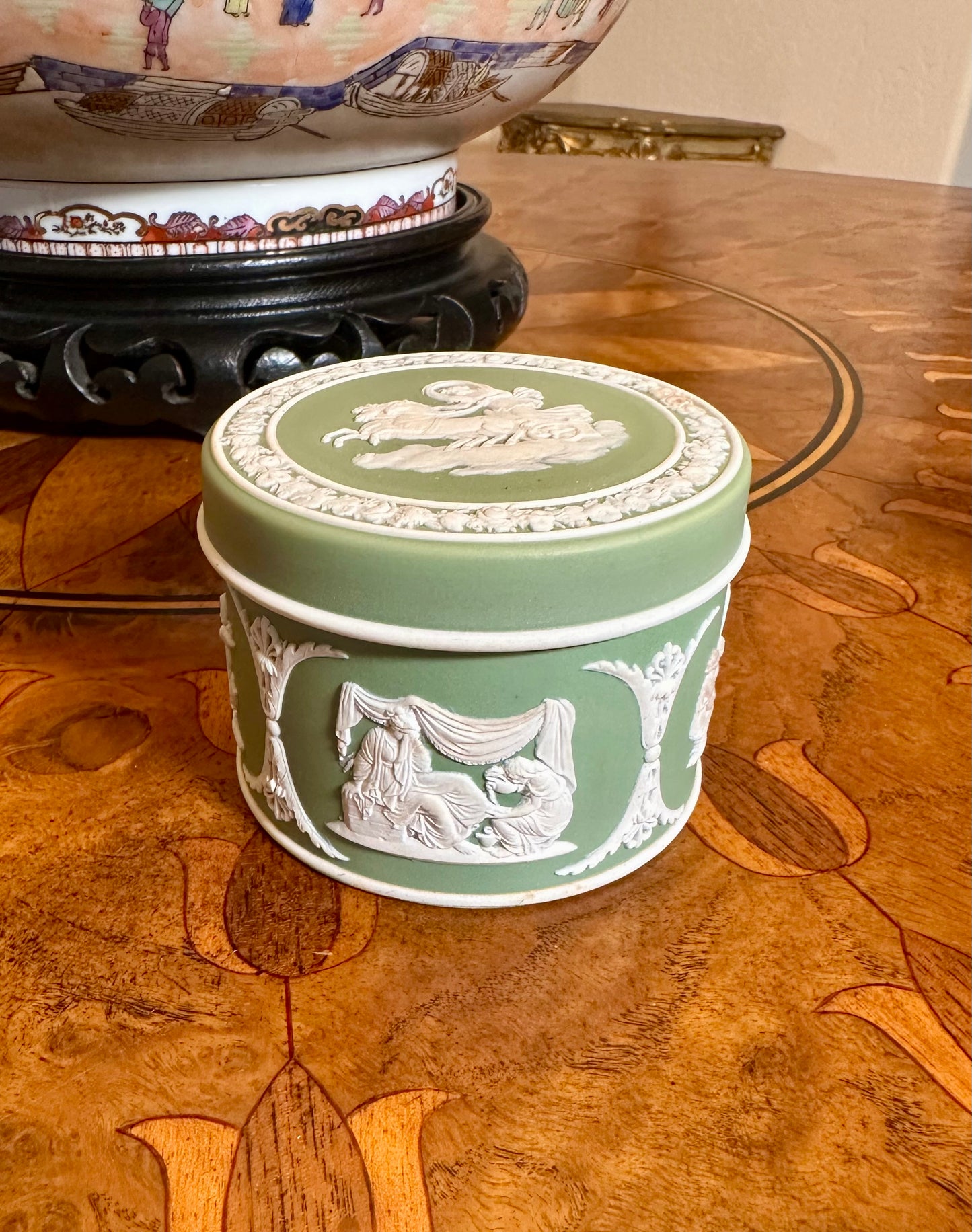 19th Century Antique Wedgwood Jasper Dip "Pomade" Lidded Box in Sage Green