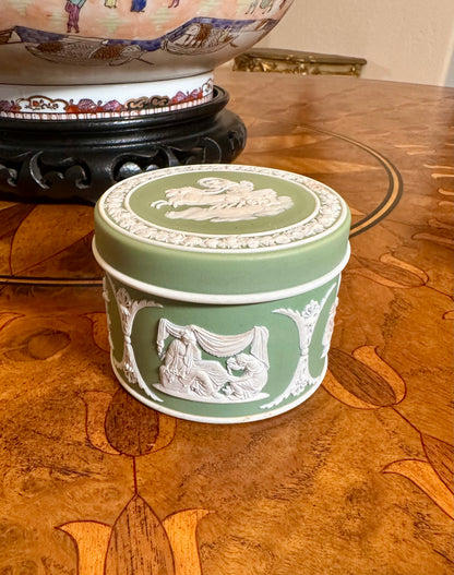 19th Century Antique Wedgwood Jasper Dip "Pomade" Lidded Box in Sage Green