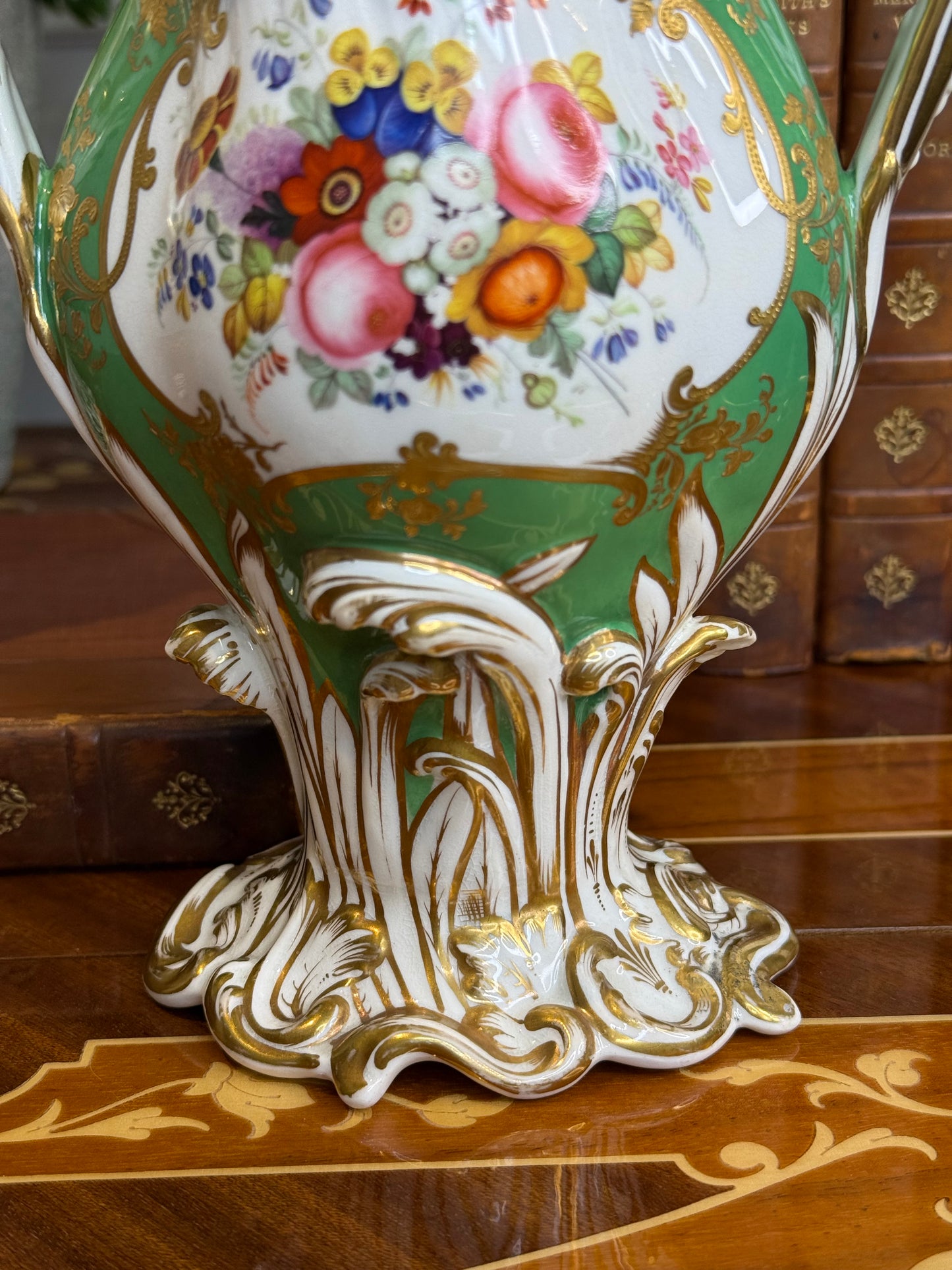 Rare Antique Pair of H.& R. Daniel Apple Green Scenic Vases | Named Views of Attingham Park, Shropshire | English Porcelain | c. 1840 | 8.5"H x 6.5"W x 4" | Style DA4447 (Copy)