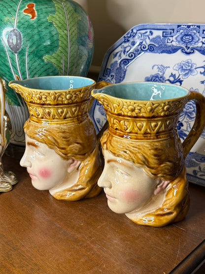Pair Antique Sarreguemines Majolica Norwegian Woman Figural Vases | French Majolique | Victorian c.1880–1900