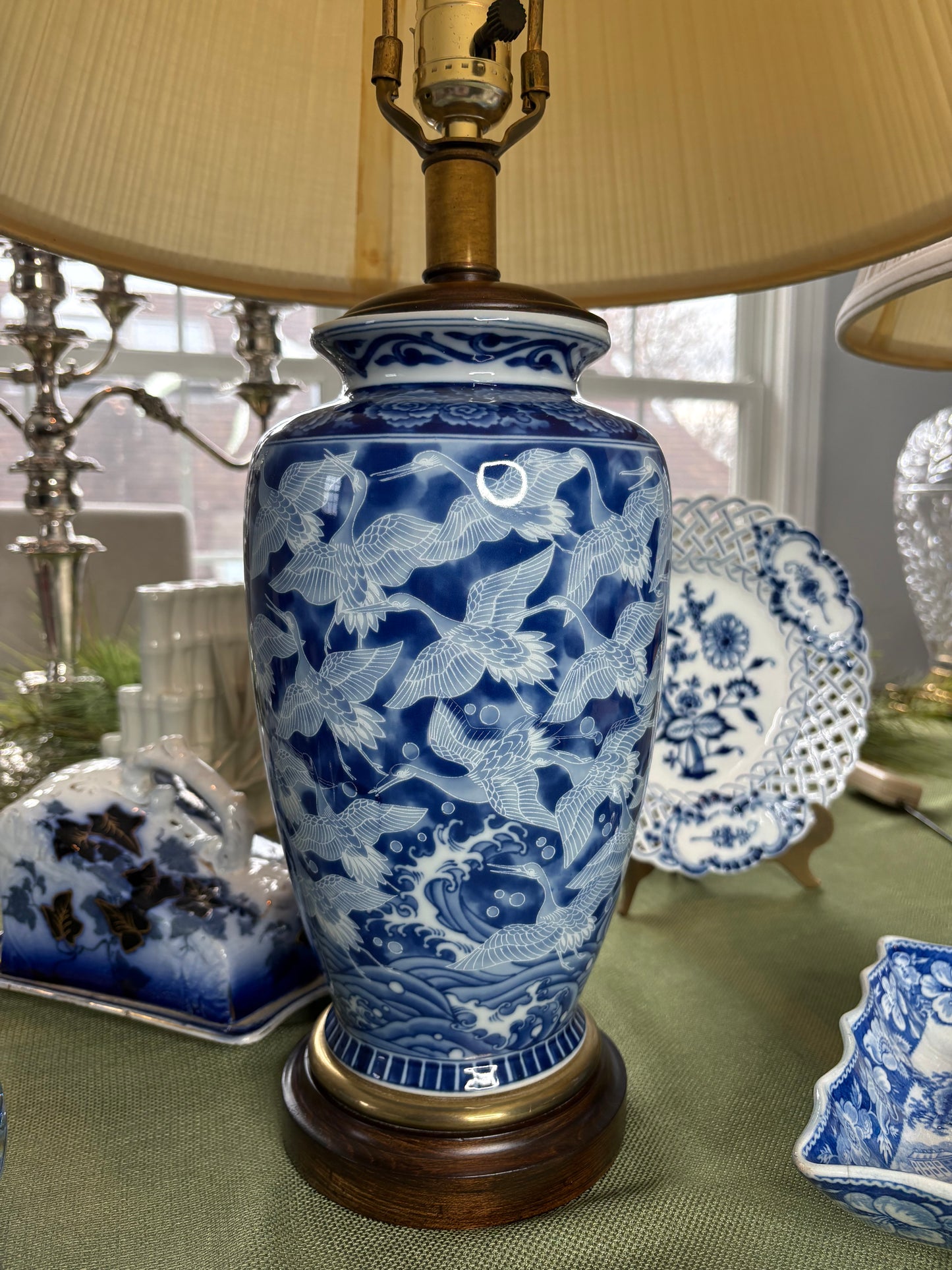 Reserved for Maria Pair of Frederick Cooper Blue & White Lamps featuring flying cranes