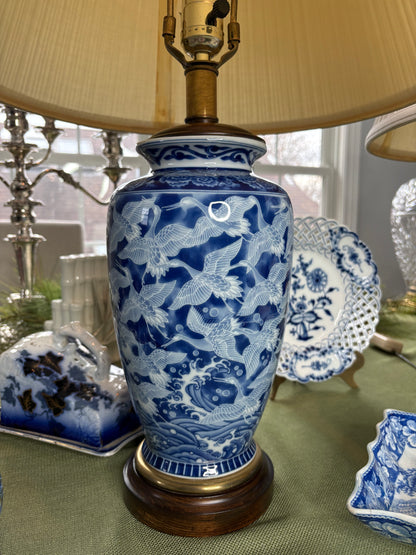Reserved for Maria Pair of Frederick Cooper Blue & White Lamps featuring flying cranes