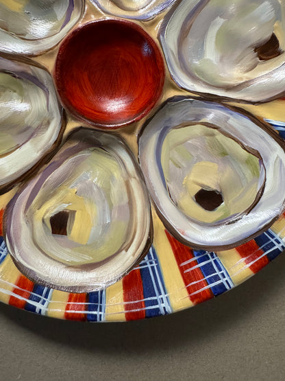 Plaid hand painted oyster plate 9” diameter