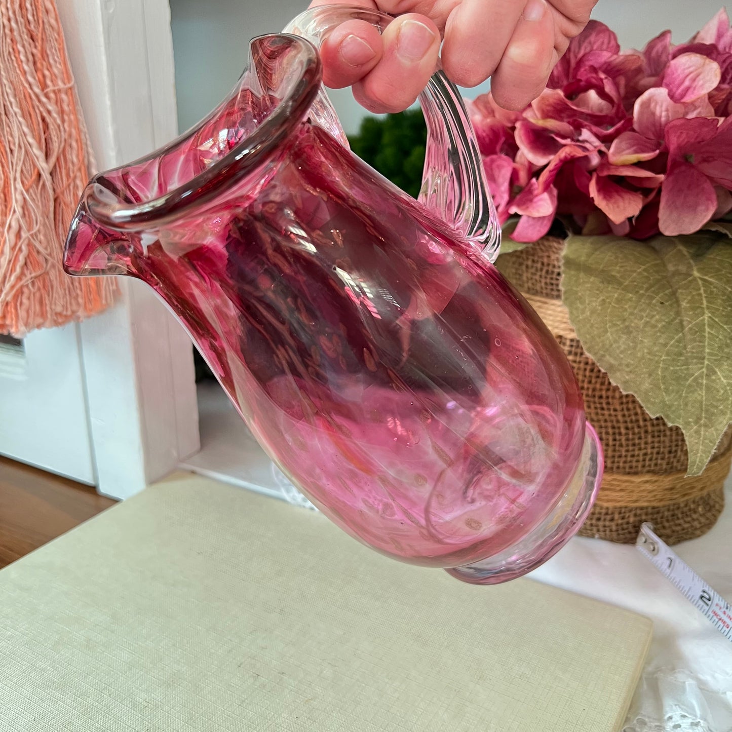 Victorian Era Signed Cranberry Hand Blown Art Glass Pitcher 7.75”H
