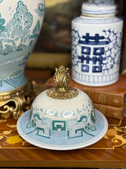 Danny's Fine Porcelain: Turquoise Willow Pattern Bronze Ormolu Temple Jar: 19”Tall,10Lx10W