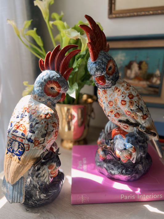 Large 16.5” Pair of Chinoiserie Hand Painted Cockatoos