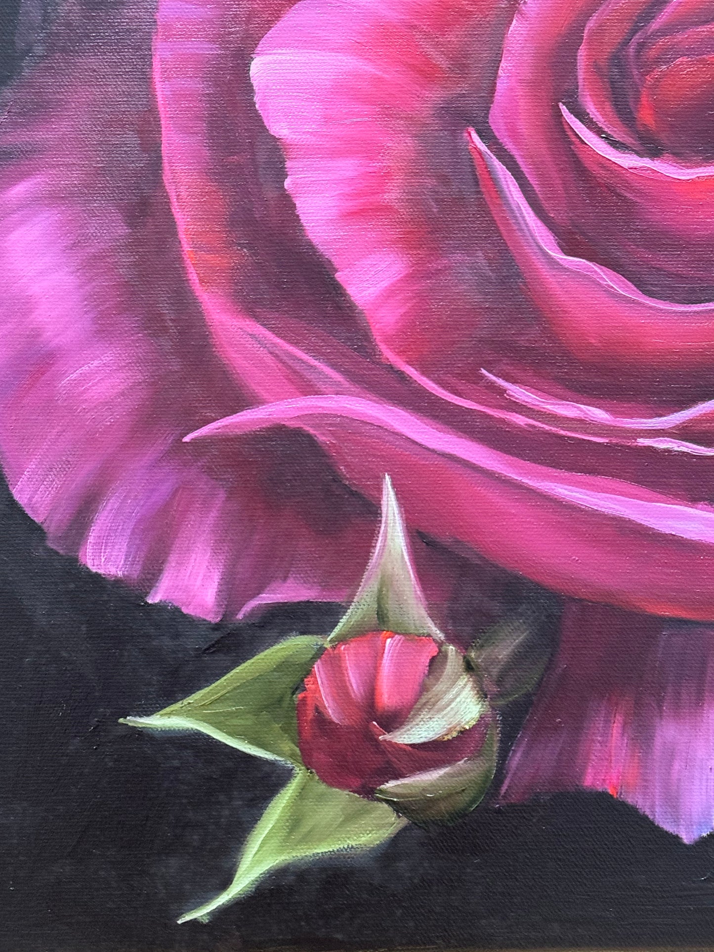 Fuchsia rose still life original oil painting 28x22”