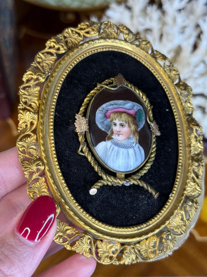 Antique Miniature Portrait of a Young Girl in Gilt Bronze Frame | 5x4” Hand-Painted Enamel