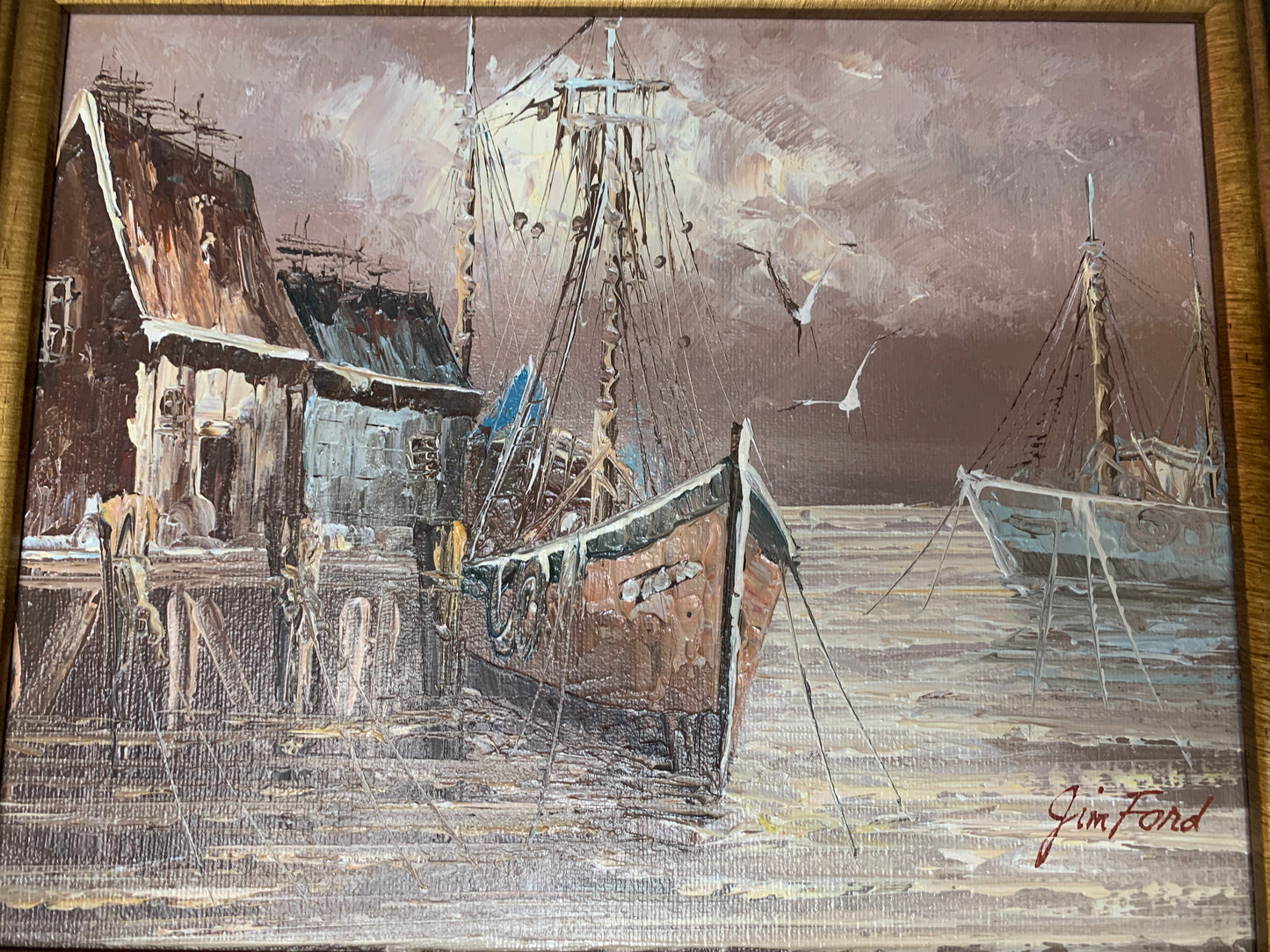 Lovely moody harbor side original framed and signed oil painting!